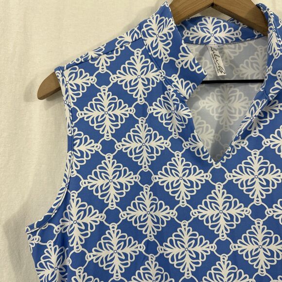 Lulu B Peri  & White Geo Print Sleeveless Swing Dress Women’s Size L Coastal - Picture 6 of 10